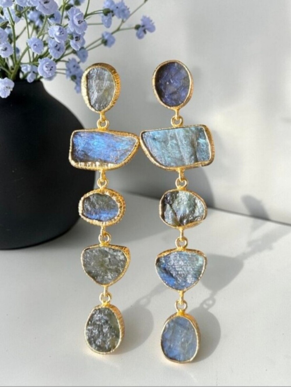 Incredible 22k Gold Plated Genuine Raw Natural Labradorite Stone Dangle Earrings